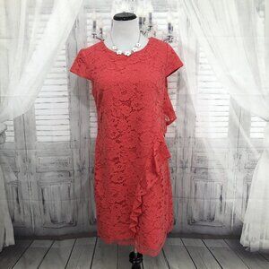 Vince Camuto Womens Size 10 Coral Red Lace Floral Shift Cap Sleeves Dress Formal